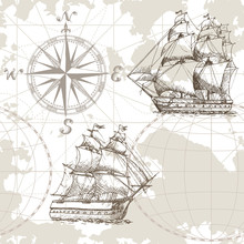 Hand Drawn Vector Seamless Sea Map With Compass And Sailing Ship. Perfect For Textiles, Wallpaper And Prints.