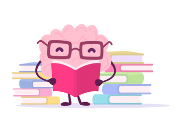 Vector illustration of pink color happy brain with glasses reading a book on white background with pile of books.