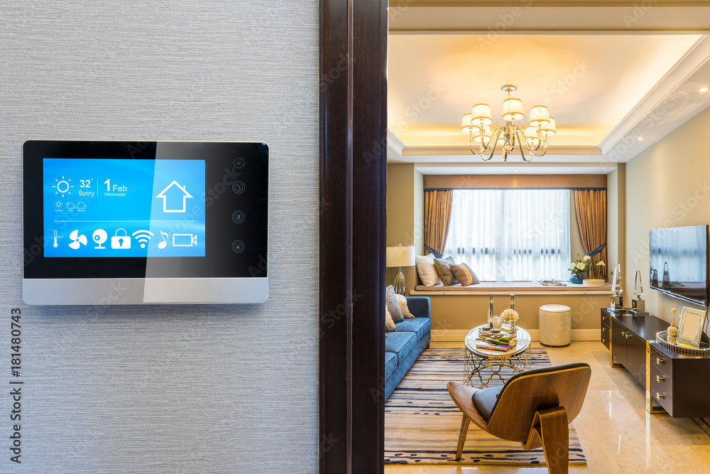 smart screen with smart home with modern living room Stock Photo ...