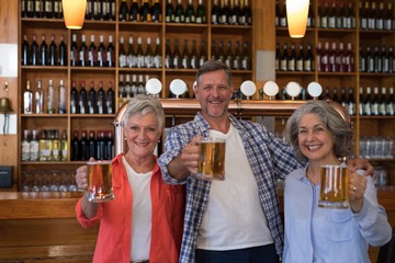 Wall Mural - Smiling senior friends holding glass of beer in bar