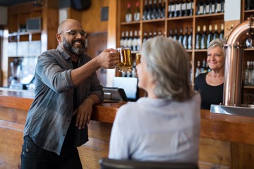 Wall Mural - Friends toasting glass of beer at counter in bar