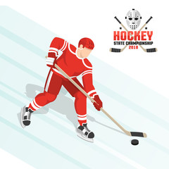 Wall Mural - Hockey player leads the puck on ice in a red uniform. Vector isometric illustration. And hockey flat emblem with crossed sticks and goalie mask.