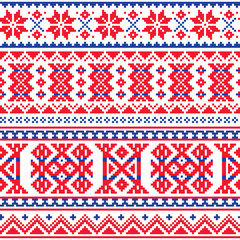 Wall Mural - Lapland, Sami people vector seamless pattern, Scandinavian, Nordic folk art in red and blue