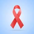 Realistic red ribbon. World aids day symbol on blue background. Vector illustration