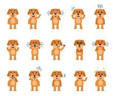 Set Of Funny Yellow Dog Characters Showing Different Emotions. Cheerful Dog Laughing, Crying, Dazed, Sleeping And Showing Other Facial Expressions. Flat Style Vector Illustration