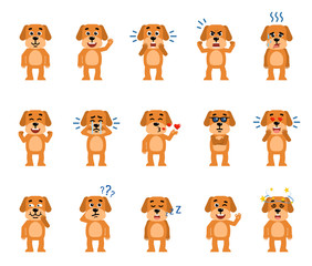 Set of funny yellow dog characters showing different emotions. Cheerful dog laughing, crying, dazed, sleeping and showing other facial expressions. Flat style vector illustration