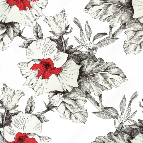 Watercolor seamless pattern with colorful flowers and leaves on white backgro...