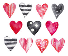 Set Of Various Watercolor Hearts Drawing. Colorful Bright Red, Pink, Polka Dots, Striped Black And White, Text, Lines, Strips. Hand Drawn Watercolour Paint, Isolated On White Background.