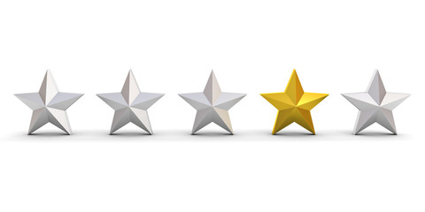 Leinwandbilder - Stand out from the crowd and different concept , One gold star different from other silver stars isolated on white background with shadows . 3D rendering.