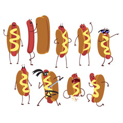 Poster - Set of funny cartoon hot dog character in action. Fast food concept. Flat vector illustration