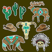 Set Of Western Patches Elements. Set Of Stickers, Pins, Patches And Handwritten Notes Collection In Cartoon 80s-90s Comic Style.Vector Stikers Kit