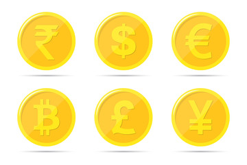 Poster - Set of icons of coins on the isolated white background. Bank notes of dollar, euro, pound sterling, yuan, rupee, bitcoin
