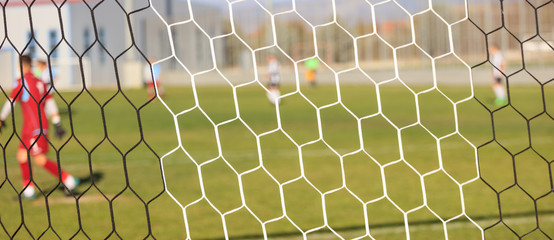 Wall Mural - Soccer nets and football game in arena. Blurred players background.