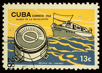 Sticker - Cuban ship Granma on postage stamp