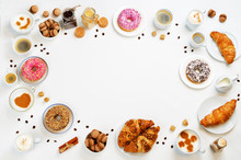 White Background With Different Types Of Coffee And Desserts To Them