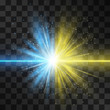 Star clash and explosion light effect, neon shining laser collision surrounded by stardust on transparent background. Expressive illustration, technical innovation, shocking news or invention symbol.