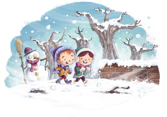 Canvas Print - niños con muñeco de nieve