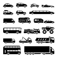 Signs Presenting Different Means Of Transportation. Collection Of Signs Presenting Different Modes Of Transport On Land. Modern Means Of Transportation. Transportation Icons.