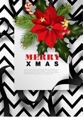 Wall Mural - Merry Christmas Xmas greeting card background design template of New Year poinsettia decoration