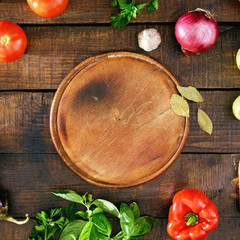 Sticker - Raw ingredients for cooking ratatouille on wooden table, top view