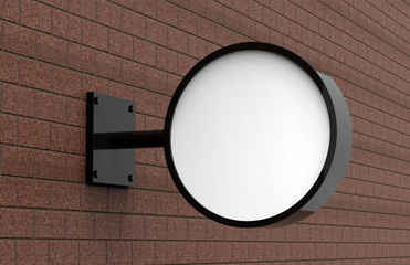Wall Mural - Signboard on the wall, backlit round circular signage board, led glow advertising board, vinyl company sign on brick wall. 3d illustration