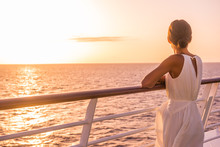 Cruise Ship Luxury Travel Holiday Destination Woman On Europe Summer Vacation. Elegant Lady Relaxing On Outdoor Deck Looking At View Of Mediterranean Sea.