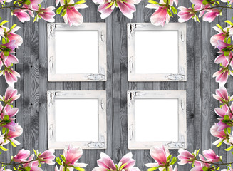 Wall Mural - Photo frames with magnolia flowers