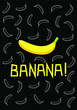 Banana poster illustration. Many white bananas black background.