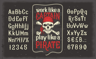 Fototapete - Vector illustration of a vintage Latin alphabet alphabet of letters and numbers with a frame and a pirate skull in a red bandana. Template, design element.