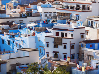 Sticker - The gorgeous blue streets and blue-washed buildings of Chefchaouen, moroccan blue city- amazing palette of blue and white buildings