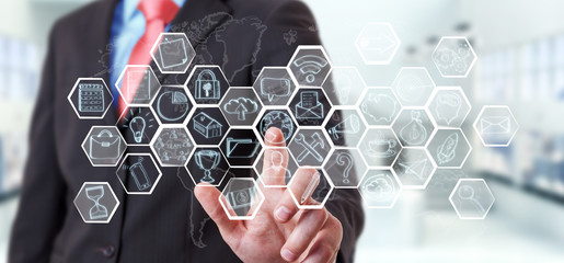 Businessman touching multimedia hand-drawn interface