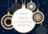 Fototapeta  - Christmas greeting banner or card. Golden Christmas balls on a dark blue background. New Year's design template with a window for text. Vector flat. Horizontal format
