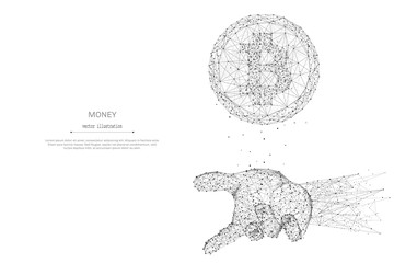 Poster - Bitcoin in hand palm line and point wireframe on white background with an inscription. Starry sky or space, consisting of stars and the universe. Vector low poly illustration