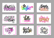 Set Vector Slogans In Girlish Concept Pink Color