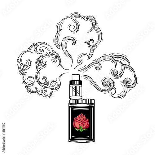 vector sketch hand drawn vape smoking black colored with red rose with