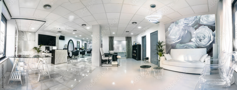 Panoramic view of a modern bright beauty salon. Hair salon and pedicure interior business - obrazy, fototapety, plakaty 