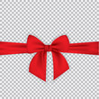 Realistic red bow and ribbon isolated on transparent background. Template for brochure or greeting card. Vector illustration.