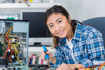 Wall Mural - tech tests electronic equipment in service centre