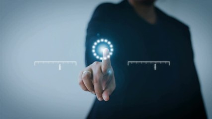  - 4k business woman pointing finger on hud and graph bar pi for cyber futuristic concept technology el