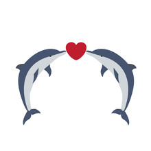 Vector Illustration Of Two Dolphins Being In Love With Little Red Heart Between Their Noses