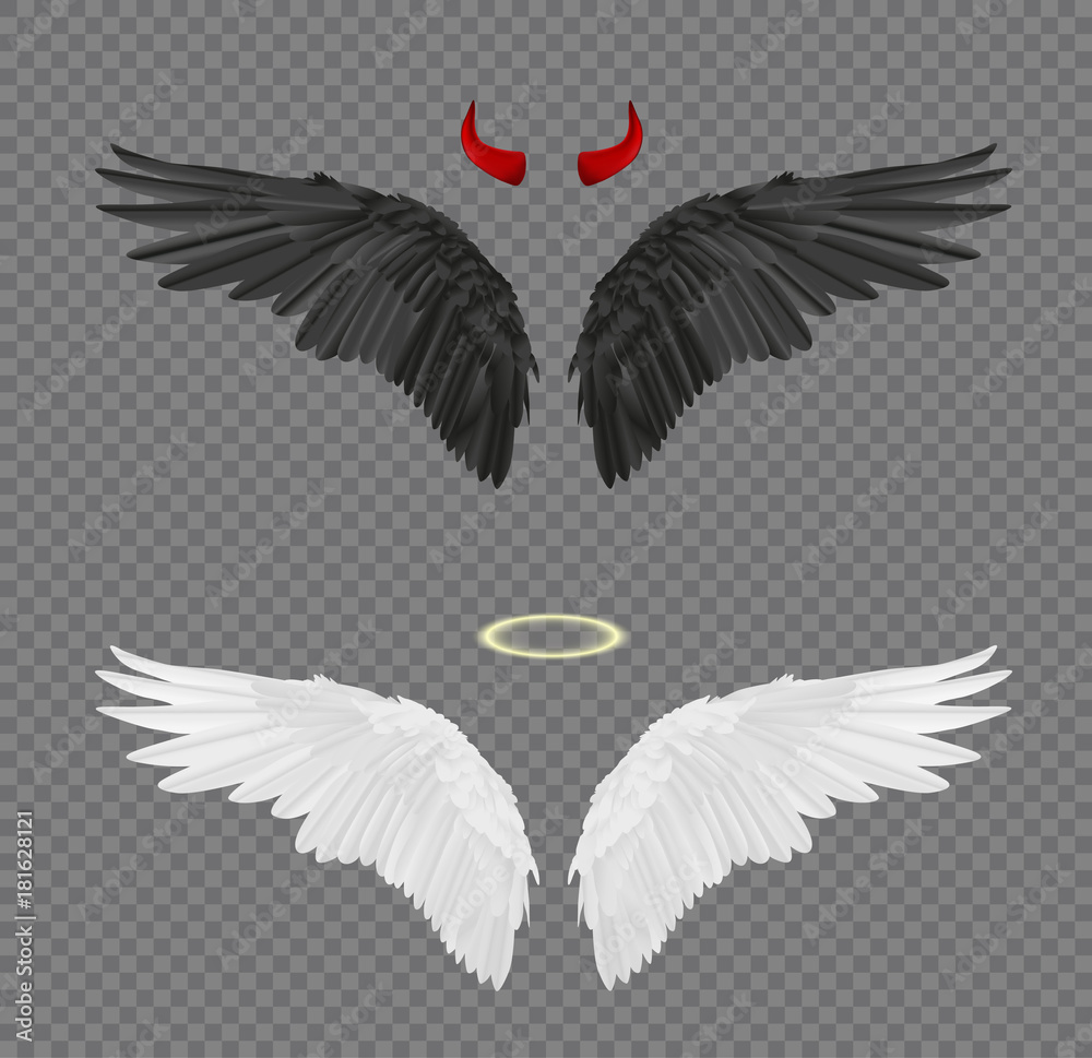 Set of angel and devil realistic wings, horns and halo isolated on transparent background - obrazy, fototapety, plakaty 