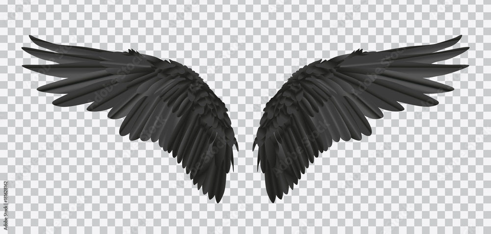 Vector pair of black realistic wings on transparent background - obrazy, fototapety, plakaty 