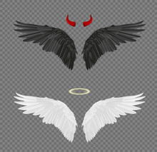 Set Of Angel And Devil Realistic Wings, Horns And Halo Isolated On Transparent Background