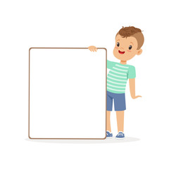 Canvas Print - Cute boy character with white empty message board, kid standing with placard vector Illustration