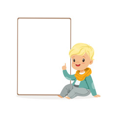 Sticker - Cute boy character sitting next to white empty message board, kid with placard vector Illustration