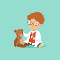 Poster - Curly-haired toddler boy examining his patient teddy bear toy. Baby character in white doctor s coat, pants, shirt and glasses