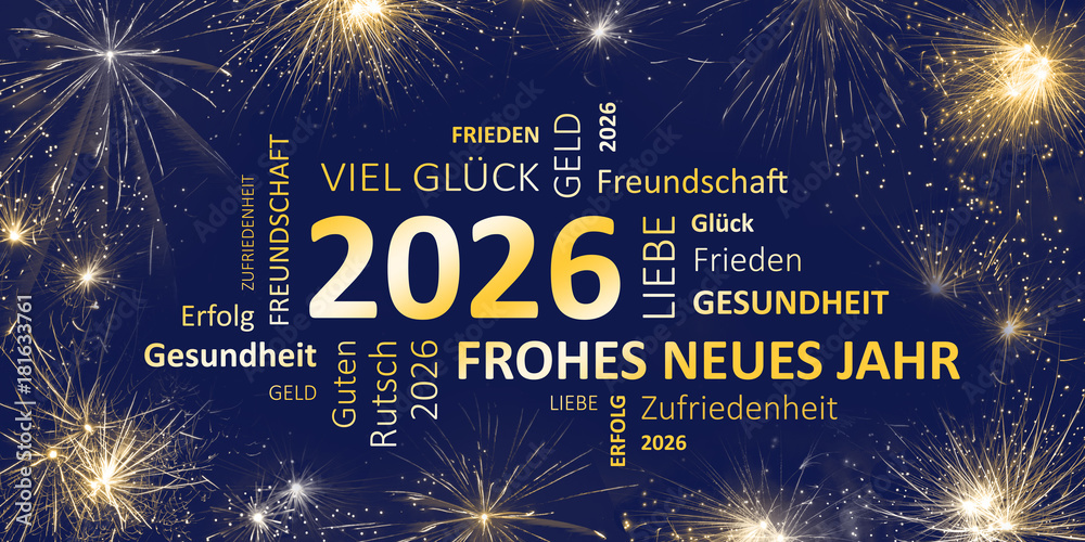 Neujahrsgruß 2026 blau gold mit guten wünschen