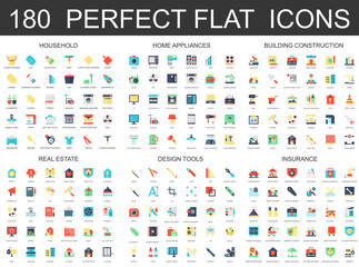 Poster - 180 modern flat icons set of household, home appliances, building construction, real estate, design tools, insurance icons.