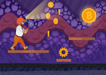 Poster - Vector illustration of man walking with pickaxe in bitcoin mine. Cartoon 2d game style illustration.