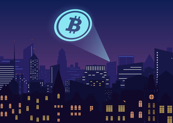 Poster - Vector illustration of bitcoin cryptocurrency projector in city at night.